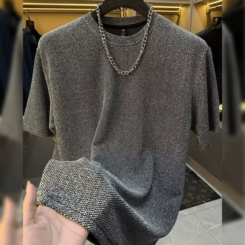 T-shirt texturé uni pour homme, manches courtes, coupe ample, épais, style américain tendance_voghion.com