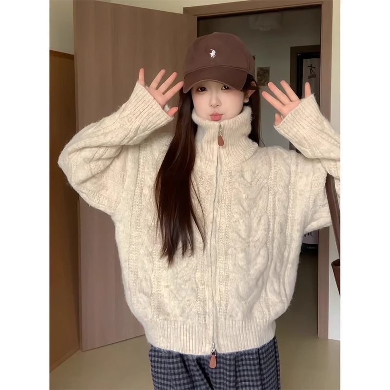 High-Neck Cable-Knit Zip-Up Cardigan Sweater for Women, 2026 New Autumn and Winter Thickened Lazy Style Stand-Collar Knit Jacket High-Neck Cable-Knit Zip-Up Cardigan Sweater for Women, 2026 New Autumn and Winter Thickened Lazy Style Stand-Collar Knit Jacket