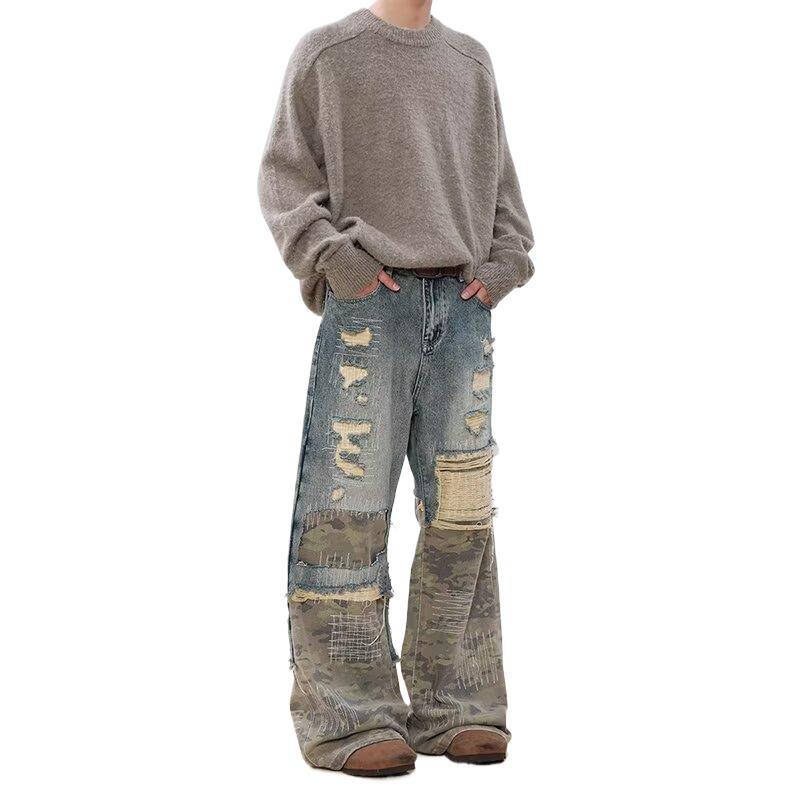 Pantaloni estivi da uomo, patchwork mimetico, denim blu, stile americano, jeans vintage lavati e resistenti, effetto invecchiato._voghion.com