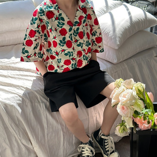 Summer Thin Trendy New Shirt Short-Sleeved Shorts Medium and Large Children's Retro Handsome Fashion Printed Suit