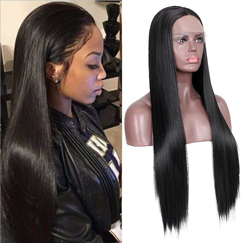 Cross-Border European and American Women's Lace Front Wig, Long Straight Black Hair, Middle Parting, Chemical Fiber Full Headgear, Factory Direct