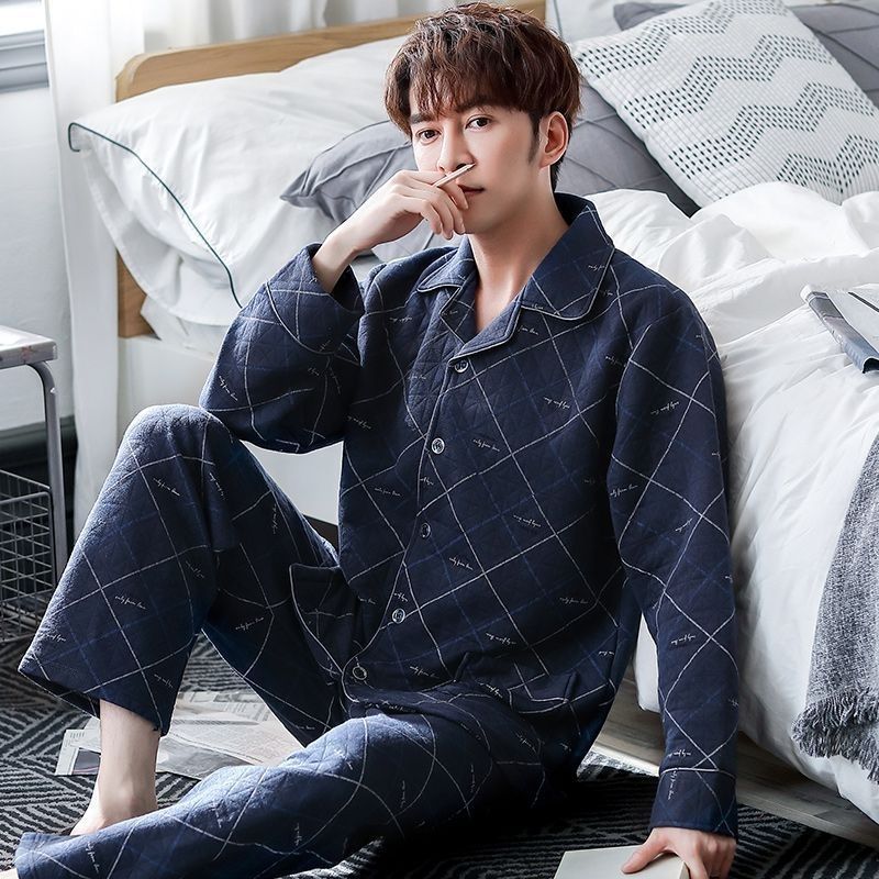 Pajamas de algodón para hombres en invierno engrosado de tamaño grande aire caliente algodón intercalado conjunto de ropa para el hogar
