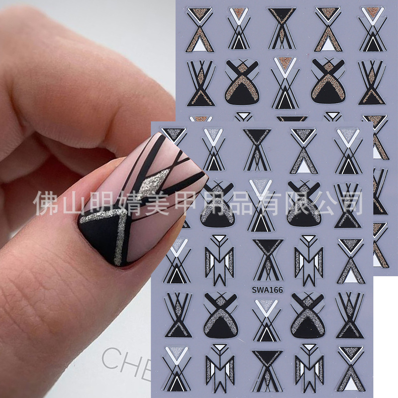 Cross-Border Simple Geometric Nail Art Stickers Glitter Gold and Silver Lines Geometric Triangle Simple Ins Style Nail Stickers