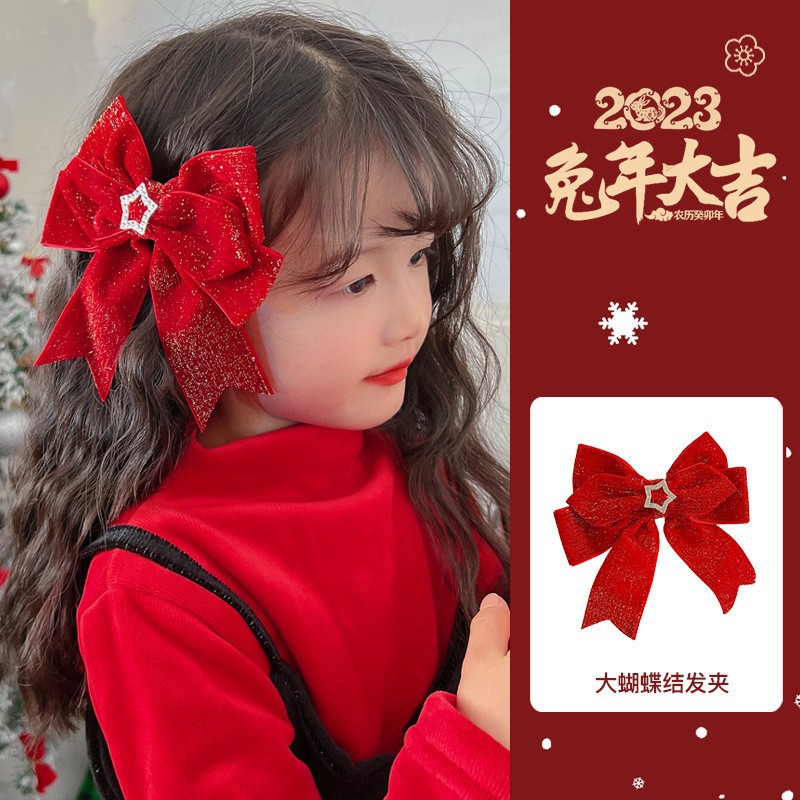 Otoño e Invierno nuevo vino rojo arco grande horquilla 2022 Año Nuevo de los niños horquilla terciopelo elegante dulce accesorios para el cabello
