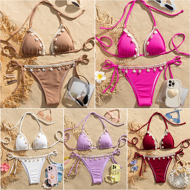 Swimsuit Women's 2025 New Shell European and American Beach Bikini Halter Strap Swimming Bikini Strap Adjustable