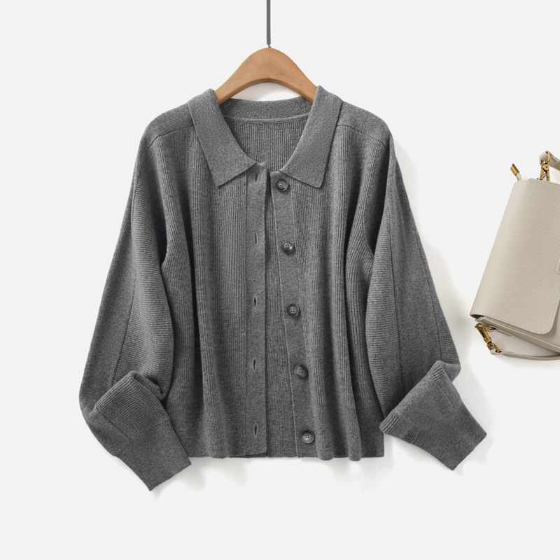 Cos Same Style Lapel 100 Sheep Wool Knitted Cardigan Sweater Autum New Women's Long-Sleeved Loose Wicker Top