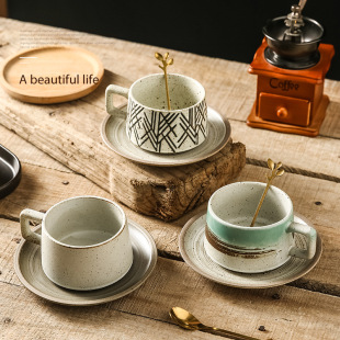 Stoneware Coffee Cup and Saucer Set Retro Creative Afternoon Tea Set Tea Cup Home Hanging Ear Coffee Cup Japanese Style with Spoon