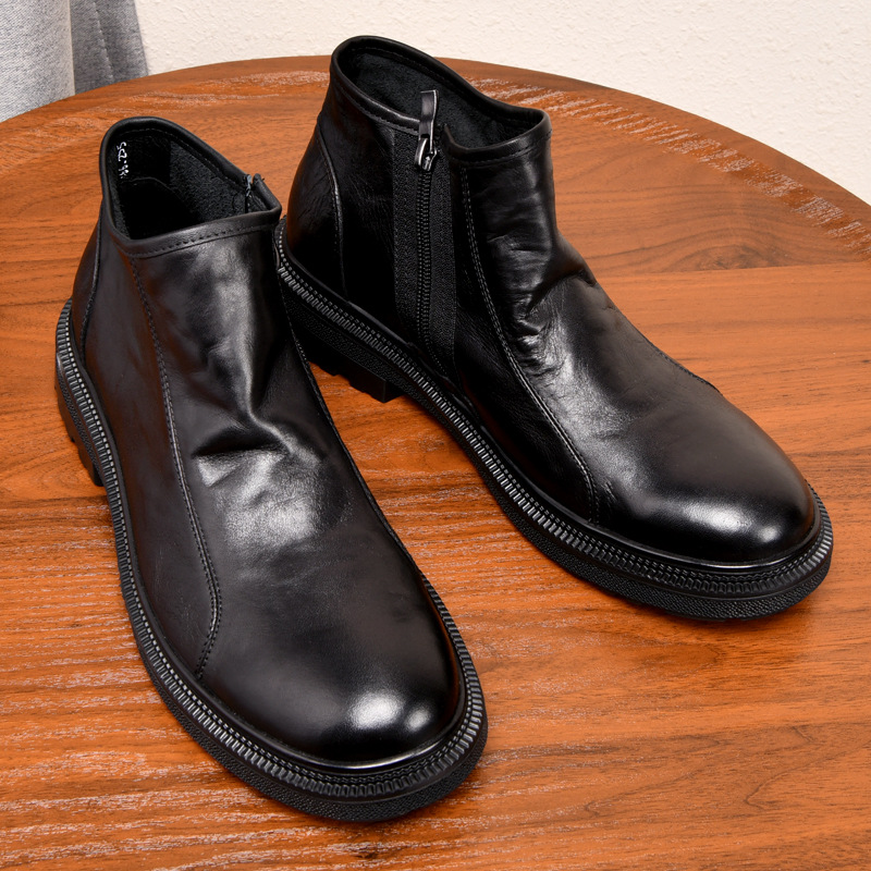 头层牛皮马丁靴男秋冬加绒中帮皮靴真皮高帮拉链厚底皮靴商务短靴