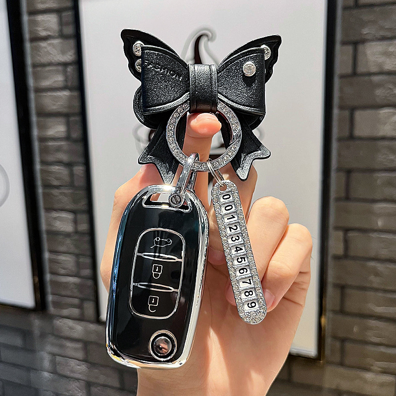 르노 C-접이식 3 키 [싱글 쉘 블랙] + 블랙 보우 드릴 버클 + 실버 번호판