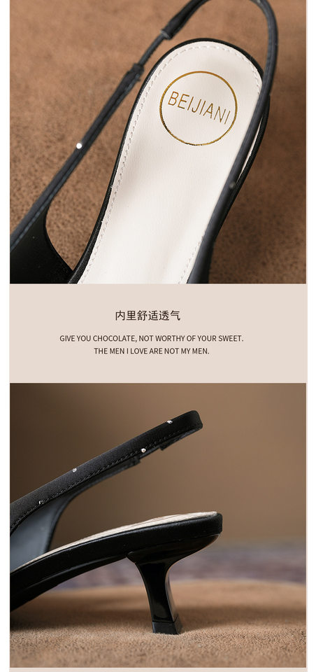 Sandal nữ bít mũi hở gót gót vuông đính đá thắt nơ, quai co giãn — Màu be, Màu hồng nhạt, màu đen chi tiết 6