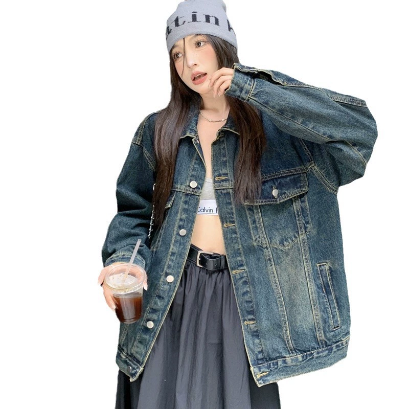 Autumn jacket, trend denim long-sleeve, American style, oversize