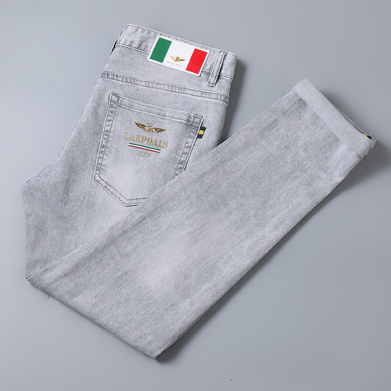 Men's Embroidered Jeans Slim Fit Stretch Denim Trousers, Smoke Grey Vintage Straight Leg Pants For Spring_viptrois.com