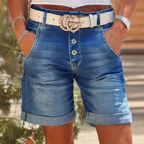 Amazon Cross-border High-waisted Elastic Women's Denim Thin Elastic Casual Versatile Straight Leg Turn-up Denim Shorts for Women