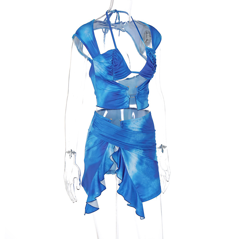 Women Clothing Summer Autumn Wrapped Chest Short Sleeve Lace up Irregular Asymmetric Skirt Set Two Piece Set