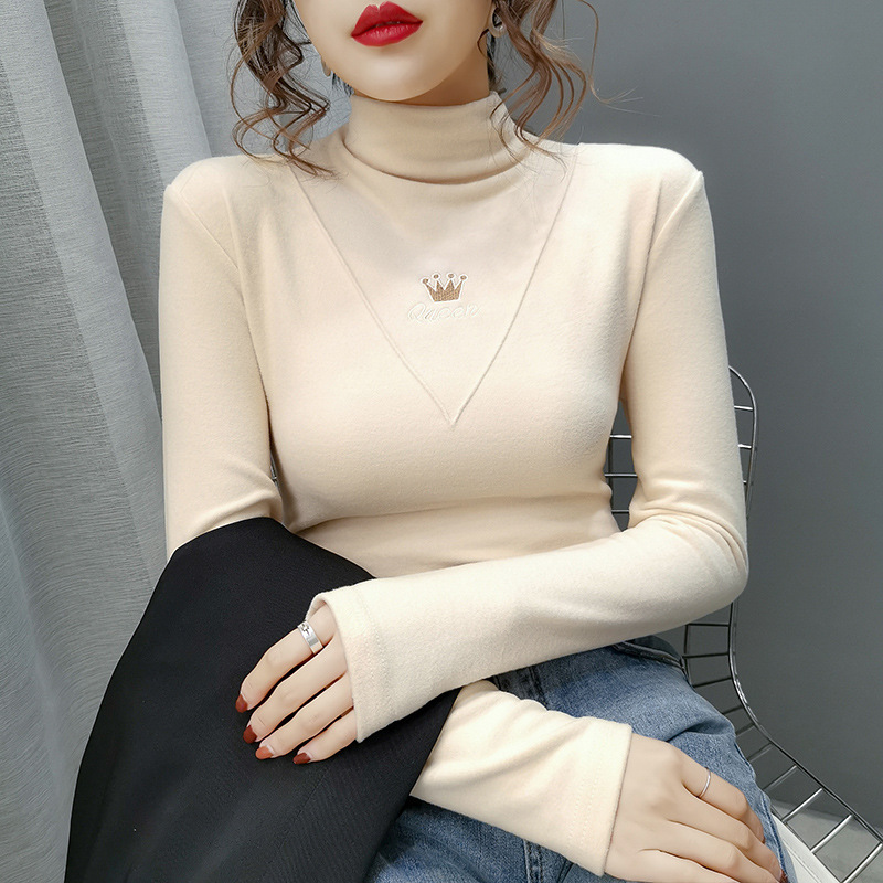 2022 New Embroidered Long-Sleeve Turtleneck Double-Sided Fleece Base Shirt for Women, Suitable for Autumn, Winter, and Spring Fashion