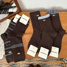 秋冬新款韩系蝴蝶结扣子中筒袜学院风条纹蓝咖系堆堆袜纽扣长袜