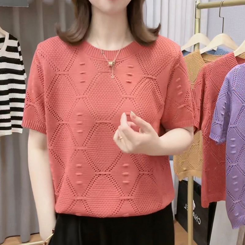 Summer knitted thin sweater with a round collar