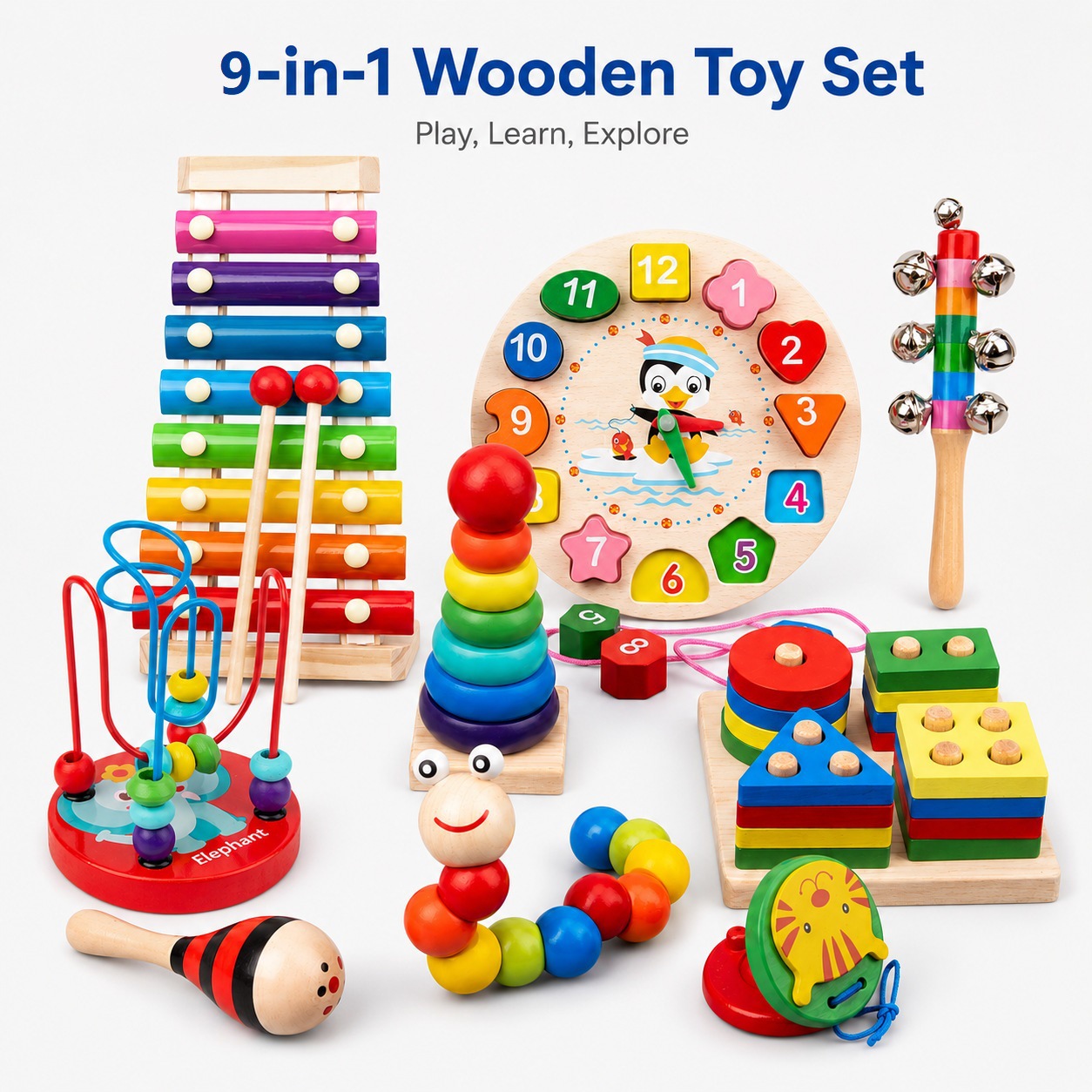 Juguetes educativos de madera para la primera infancia, laberinto de cuentas para bebés, instrumento musical de ocho tonos, reloj despertador, juego de percusión, juguetes de madera image 3