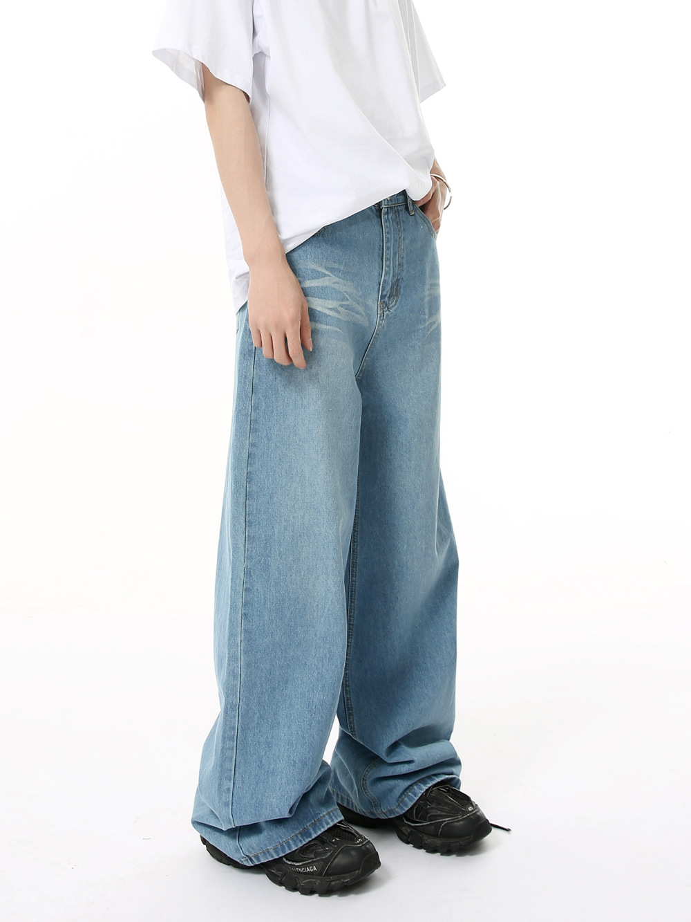 MTLCLOTHES para hombre | Versión coreana de jeans de trapeador recto de pierna ancha con patrón lavado, todo fósforo