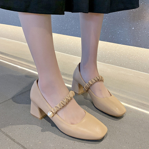 Women's Summer Han Style Rough Sole Single Shoes with Mahogany Toe Evening Windy Heels Gentle Li Zhen Shoes