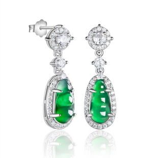Natural A- goods jadeite Yang Green Green Bean Earrings Earrings Ice Jade S925 Silver Set Women's High-grade Earrings