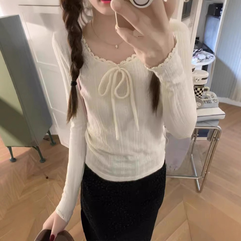 Sandwich Milk Rabbit Knitted Lace T-shirt Sweet Design Student Long Sleeve Slim Slim Fit Short Base Shirt Top