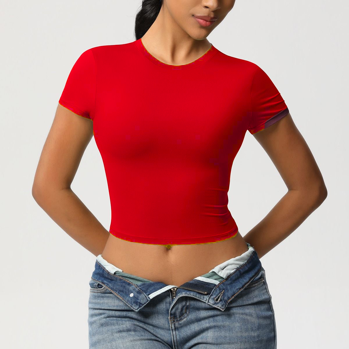 Comercio exterior Europa y América camiseta de mangas cortas mujeres 2026 verano nuevo tamaño grande Crop Top corto chaqueta caliente