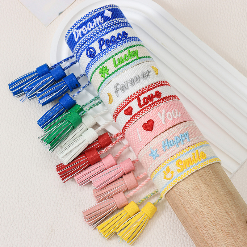 European and American Hot-Selling Personalized Letter Embroidered Friendship Braided Bracelet for Women with Simple Logo and Customizable Leather Tassel Bracelet European and American Hot-Selling Personalized Letter Embroidered Friendship Braided Bracelet for Women with Simple Logo and Customizable Leather Tassel Bracelet