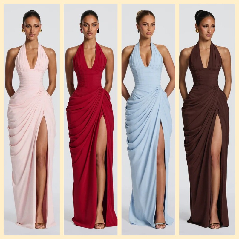 Solid Color Halter Neck Deep V-Neck Dress, Sexy Tie-Up Ruched Waist Slit Long Gown for Evening Parties, Wholesale Solid Color Halter Neck Deep V-Neck Dress, Sexy Tie-Up Ruched Waist Slit Long Gown for Evening Parties, Wholesale