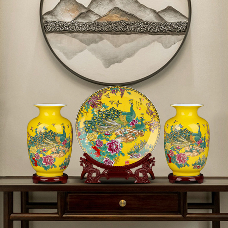 景德镇陶瓷器现代简约富贵图花瓶三件套装饰品摆件家居客厅工艺品