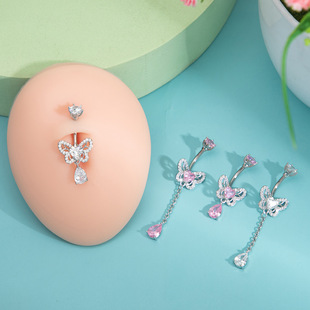 Micro-Inlaid Pink Heart Navel Piercing with Super Shiny Zircon Angel Wings Pendant for Sexy Girls