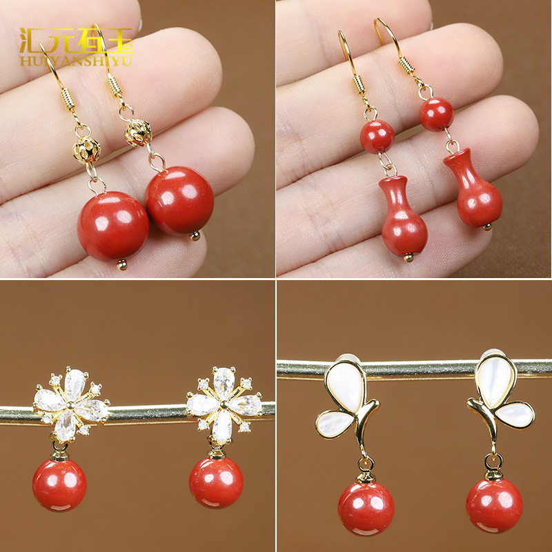 时尚帝王砂镶嵌耳环耳坠朱砂佛头元宝耳钉耳饰礼物批发直播货源