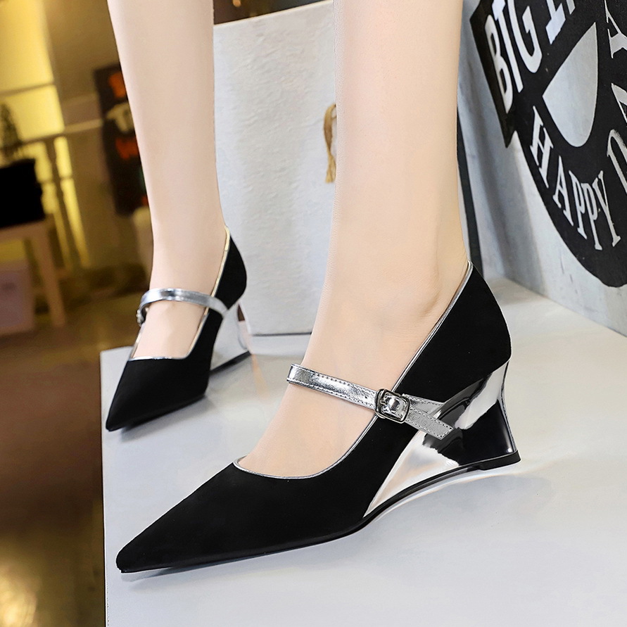 2905-5 European And American Style Banquet Metal Heel Wedge Suede Shallow Mouth Pointed Toe Color Block Single Strap_vogvips.com