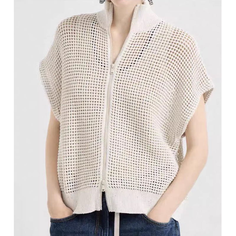 Half-High Collar Short-Sleeved Double Zipper Knitted Cardigan for Women 2026 Summer New Design Cut Out Casual Pure Color Top