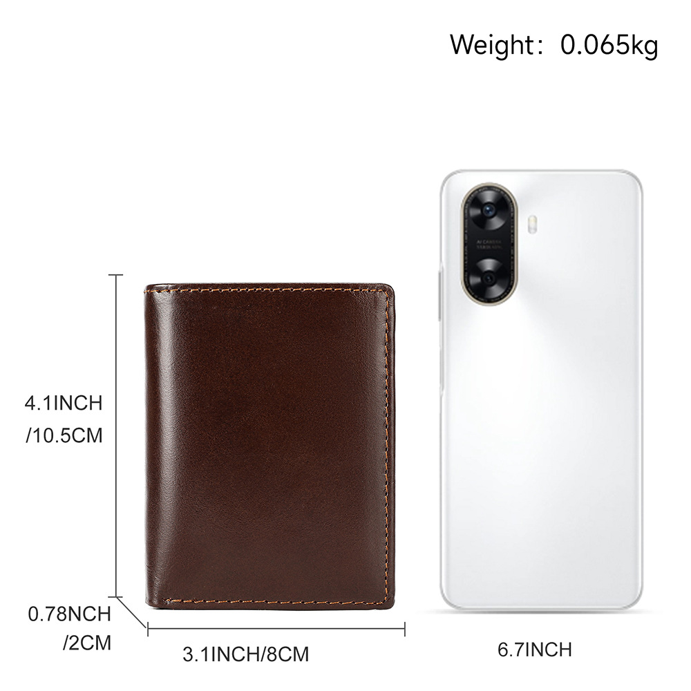 Ví nam da bò thật gập mini nhiều ngăn thẻ chống RFID — Đen, Cà phê, 8cm*2cm10.5cm