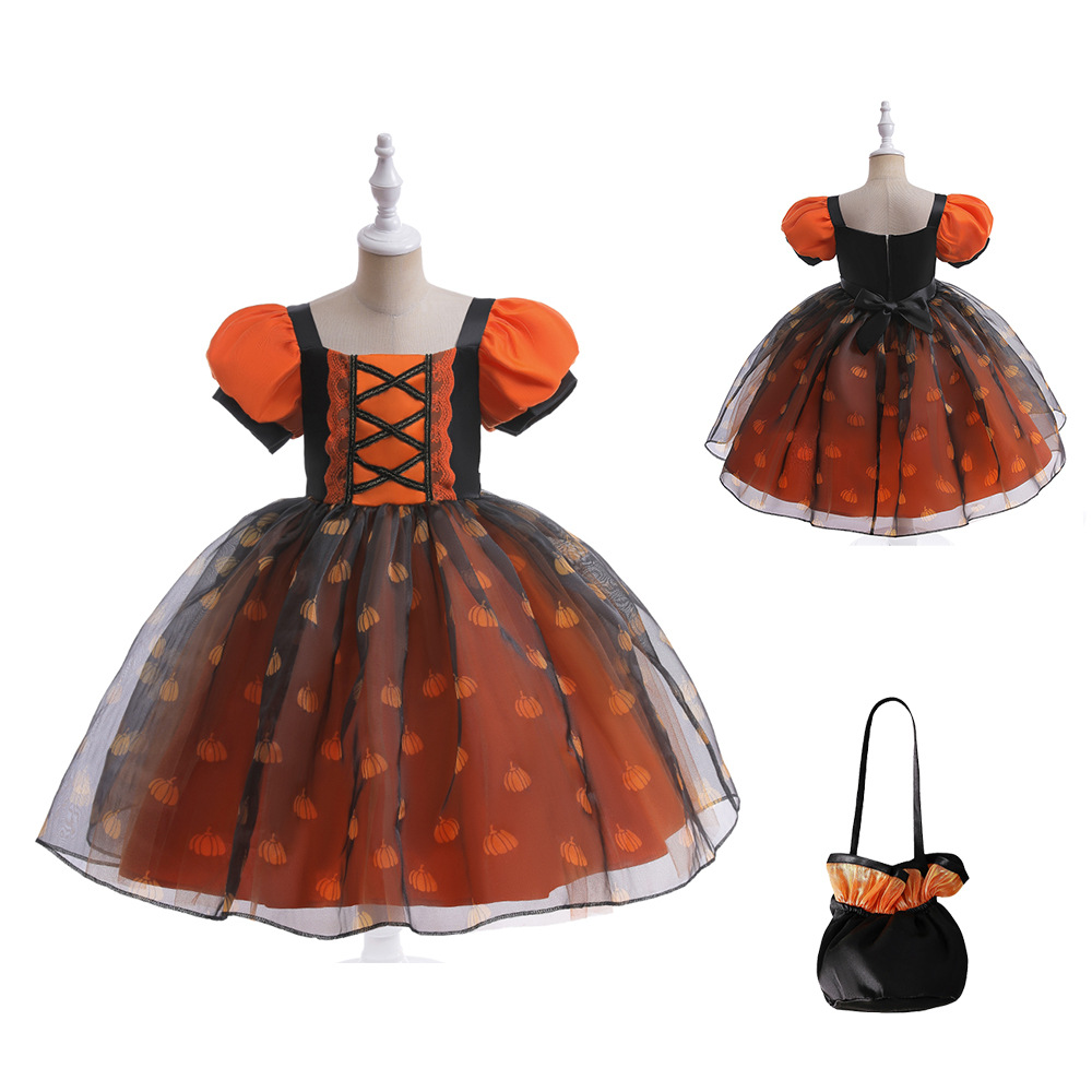 Nuevo en stock europeo y americano Halloween bola fiesta niños vestido puff manga costura calabaza vidrio hilo princesa vestido