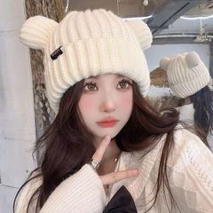 冬の女性のクマニット帽子韓国スタイルプラスベルベット厚いウール帽子アウトドアファッションかわいいぬいぐるみ帽子ニット帽子