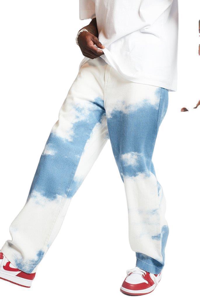 Fashion High Street Wash Tie Dye Printing Jeans Pants Men's Hip Hop Wide Leg Straight Tube Pants