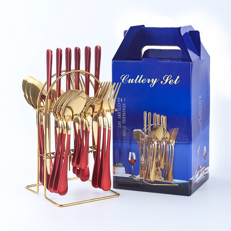 Amazon popular vajilla de acero inoxidable 24 piezas traje 1010 cuatro piezas principales cuchillo de comida occidental, tenedor y cuchara traje rack caja de regalo