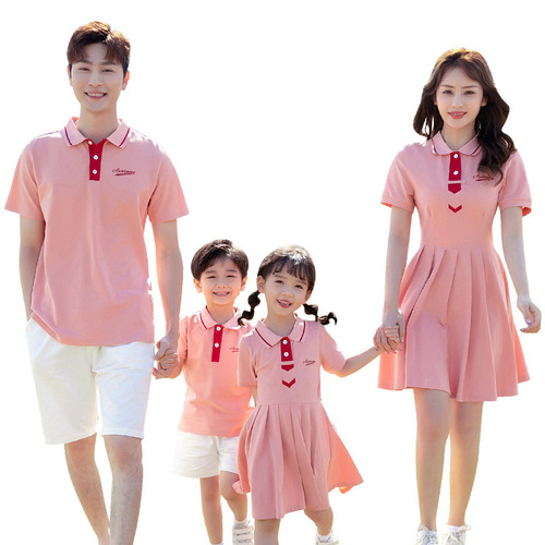 Parent-child clothing polo shirts summer set for one family of three or four, short-sleeved T-shirt set, mother and daughter summer dress, trendy street style.