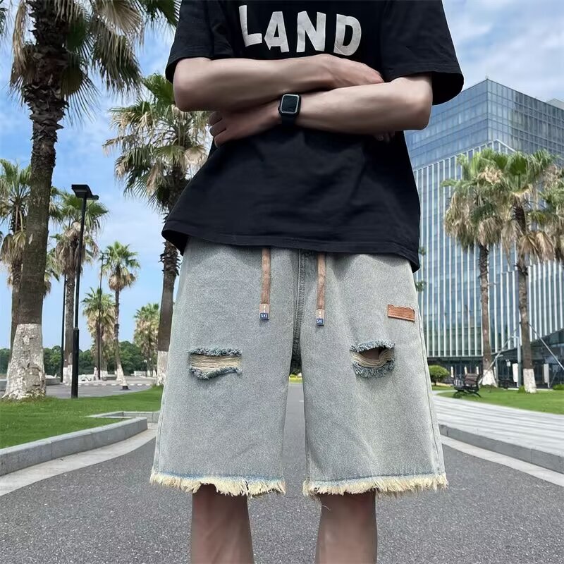 Washed Ripped Denim Shorts Men's Summer Trendy Brand American Style Ripper Handsome Rouge Street-Fried Design Sense Pants Washed Ripped Denim Shorts Men's Summer Trendy Brand American Style Ripper Handsome Rouge Street-Fried Design Sense Pants