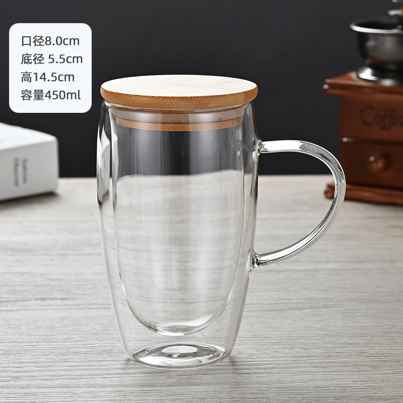 Oficina de doble capa de vidrio con mango aislado té de doble capa taza de café taza de vidrio transparente taza de leche