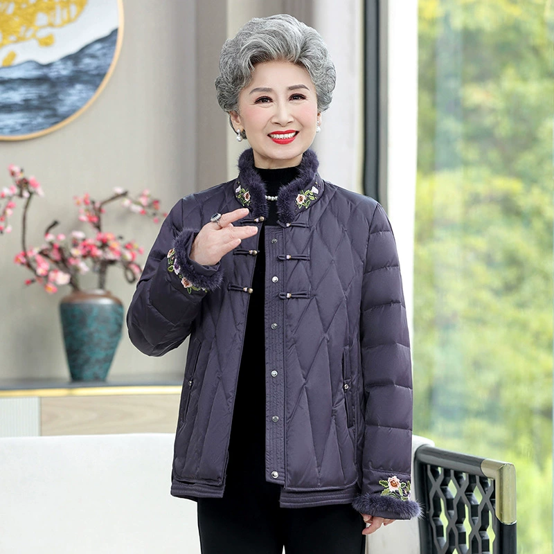 Мама пуховик 90 белая утка бархатная норка воротник мама куртка зимняя вышивка темперамент пожилая мама пуховик