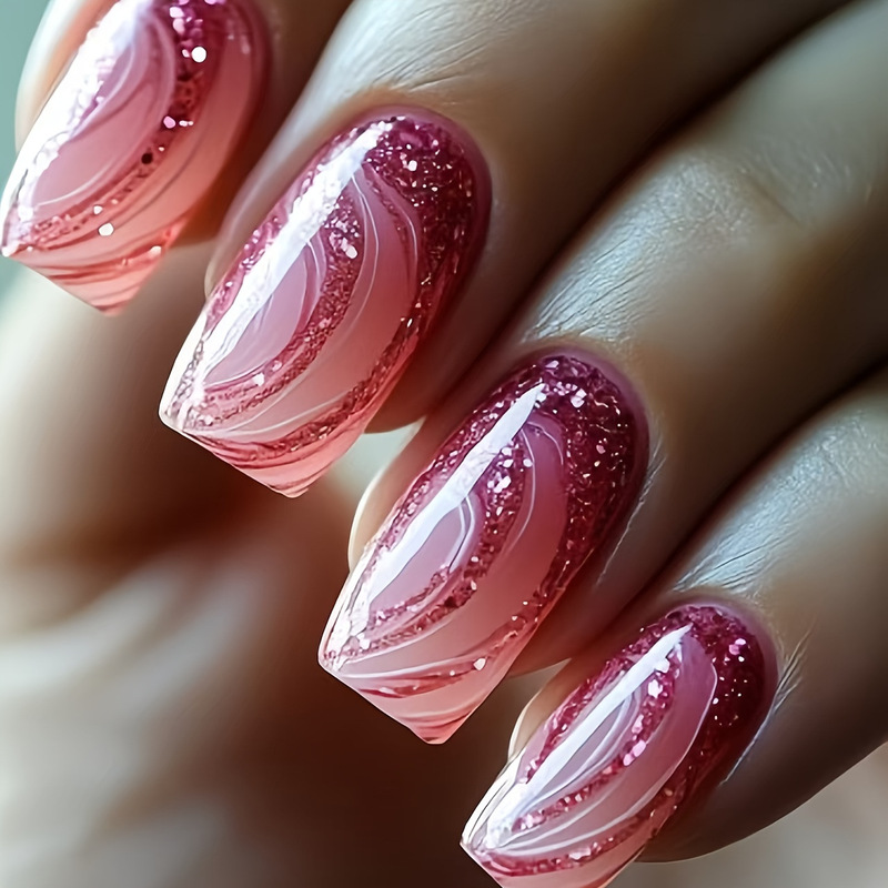 24Pcs Detachable Patch Nails: Almond Shape Wearable Style Red Pink Art Stripe Nail Art