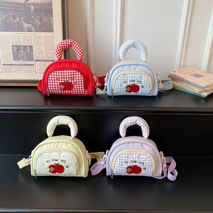 Korean-Style Fresh Plaid Cotton-Filled Handbag, College-Style Apple New Model Embroidered Youthful Trendy Crossbody Bag