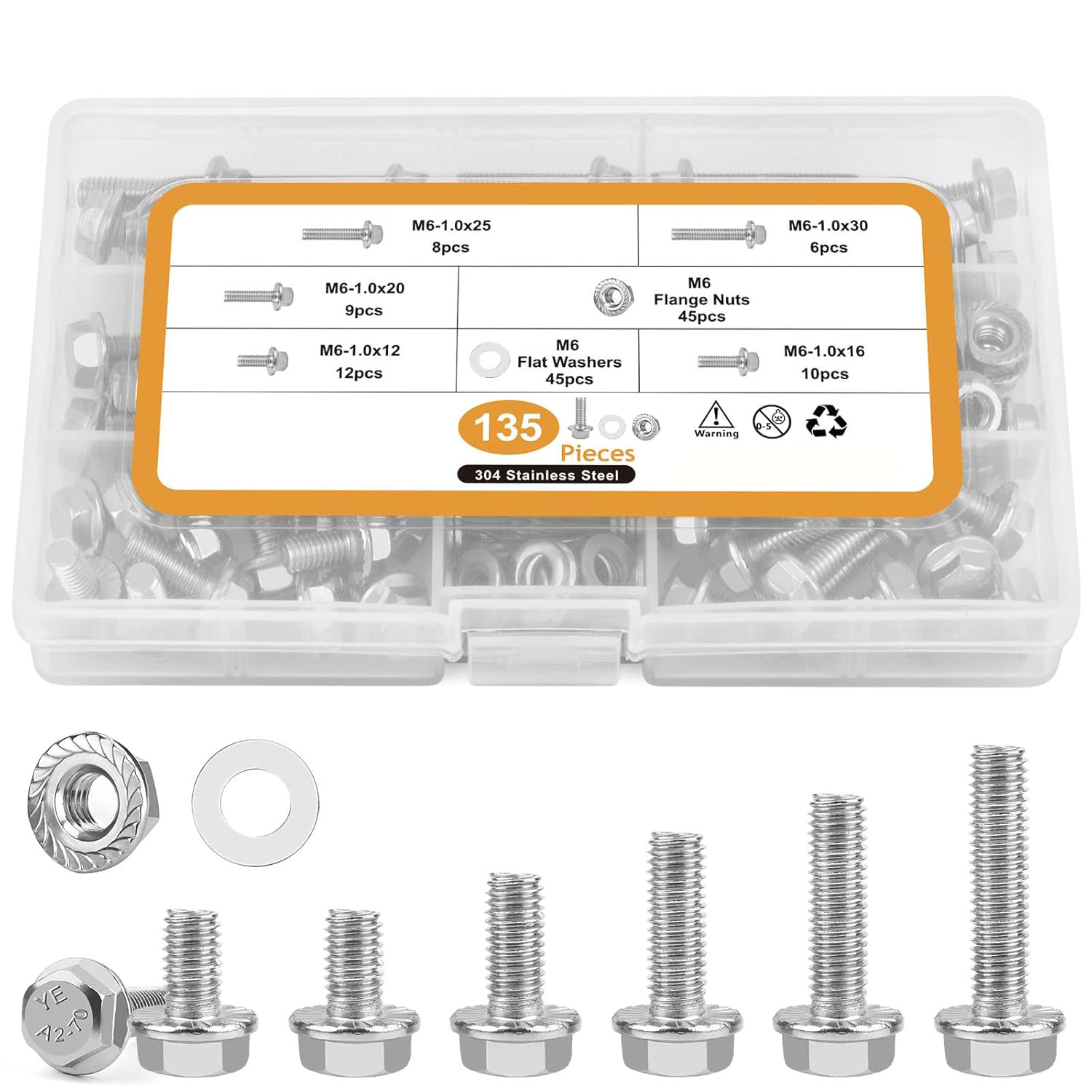135件M6-1.0法兰六角头螺栓螺母垫圈套件304不锈钢跨境热销组合