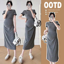 孕妇装2025夏季新款个性潮妈时尚遮肚修身圆领针织孕妇连衣裙夏装