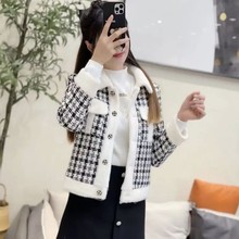 时尚女装百搭短款小香风外套千鸟格秋冬装新款加绒加厚上衣开衫女