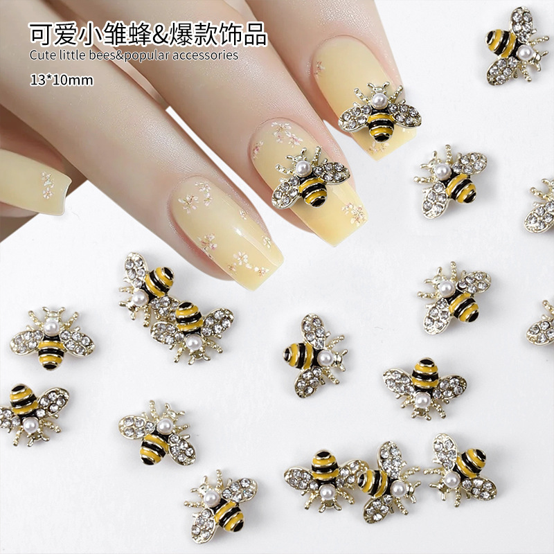 New alloy nail diamond jewelry cute simple wind inlaid diamond pearl explosion small bee nail accessories