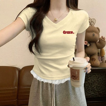 2026夏季新款韩系甜美蕾丝花边修身小衫V领上衣掐腰显瘦短袖T恤女